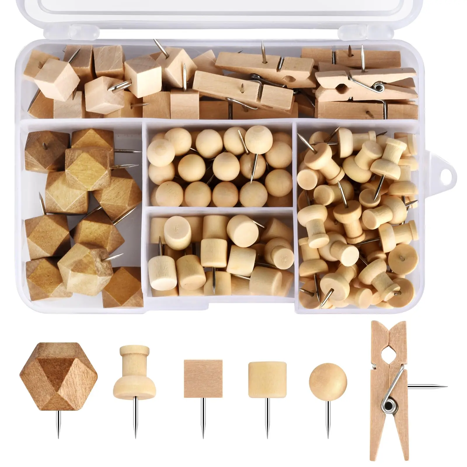 128-Piece Wooden Push Pins - Natural Wood & Rust-Proof Stainless Steel, Easy to Insert and Remove, Durable, Convenient for Cork Boards, Office Use