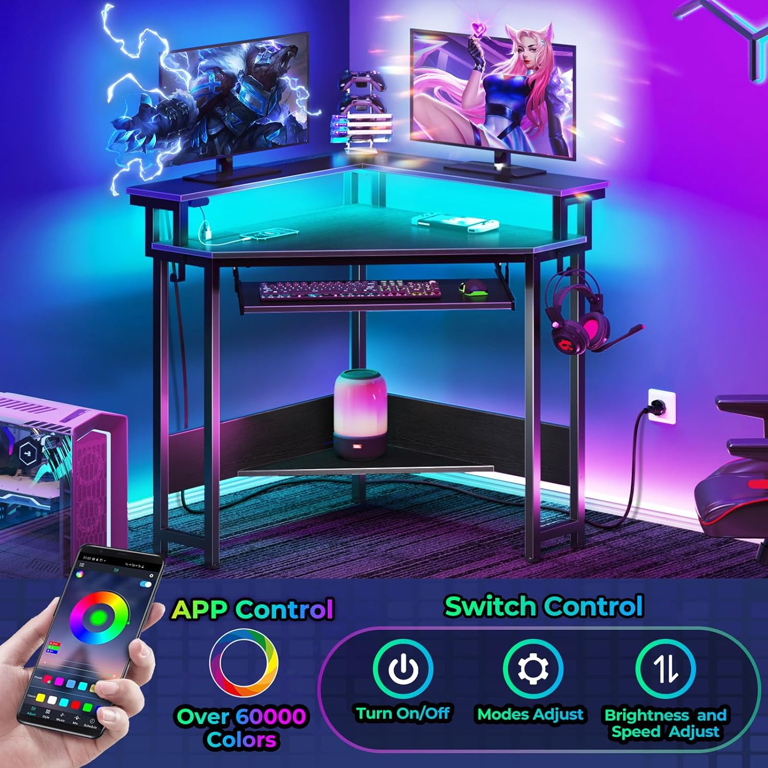 Multi-Functional Corner Desk for Home Office, 4-Color Gaming & Workstation with LED & Power Outlets, 44.5" W Small Space Computer Desk with Keyboard Tray