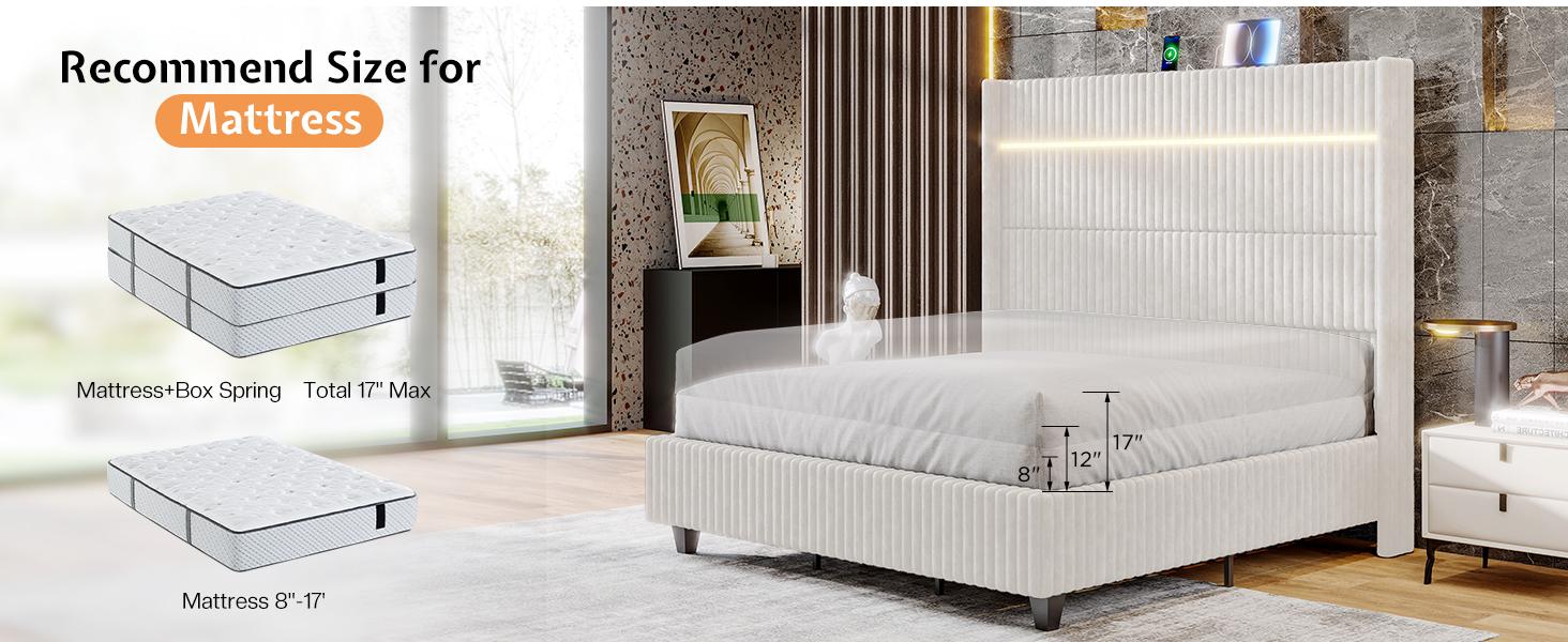 AMERLIFE Bed Frame with LED Lights Charging Station, Corduroy Upholstered Platform Bed Frame with 60" Tall Wingback Headboard/No Box Spring Needed,Best Gift Ideas/Christmas Gifts