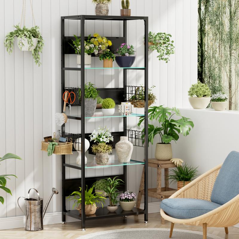 4-Tier Glass Display Shelf with RGB Lights, LED Lighted Curio Cabinet with Adjustable Storage Box & Hooks, Metal Frame Standing Shelf for Collectibles, Plants, Books, Living Room, Bedroom, Office