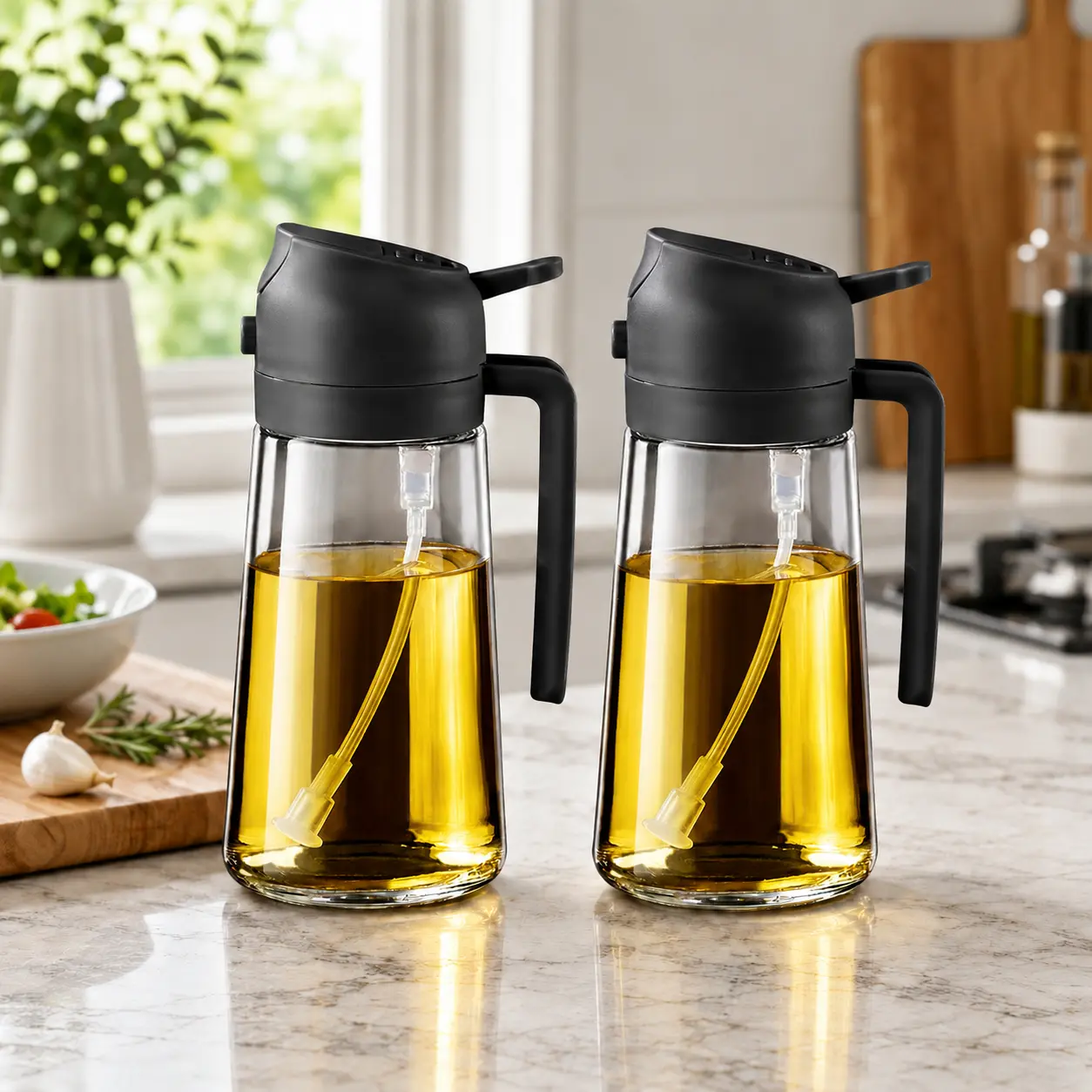 2-in-1 Glass Oil Sprayer & Pourer, Leak-Resistant Cooking Oil Dispenser with Anti-Drip Spout, Fine Mist Spray Bottle for Air Fryer, Salad, BBQ & Cooking