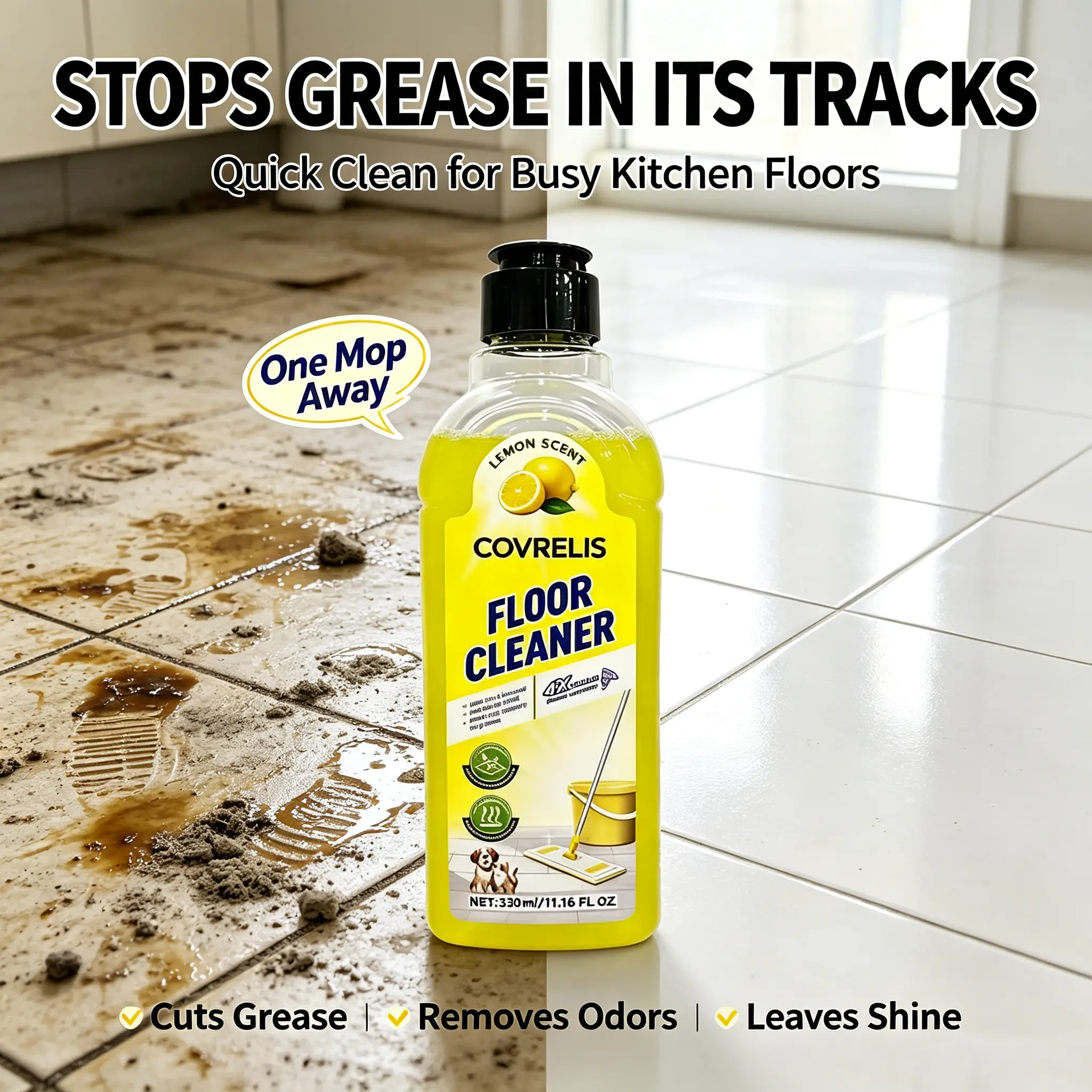 COVRELIS Fresh Lemon Scented Household Floor Cleaner - Tile Cleaning, Wooden Floor Safe, Stain Removal, Daily Home Use, Pet-Friendly, Long-Lasting Freshness