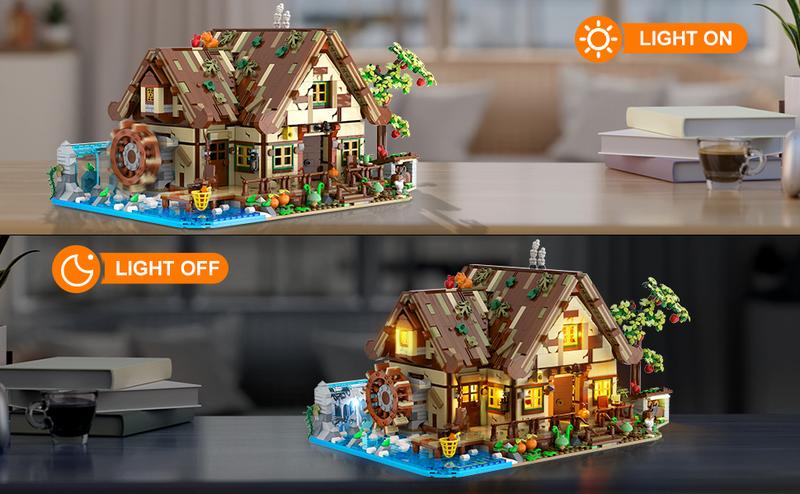 Wood Cabin Building Set with LED Light, 2570 PCS Wooden Forest House Mini Building Block Toy with Waterwheel Pond Animals, Big House Construction Model for Adults Teens Kids Boys Girls 10-12+