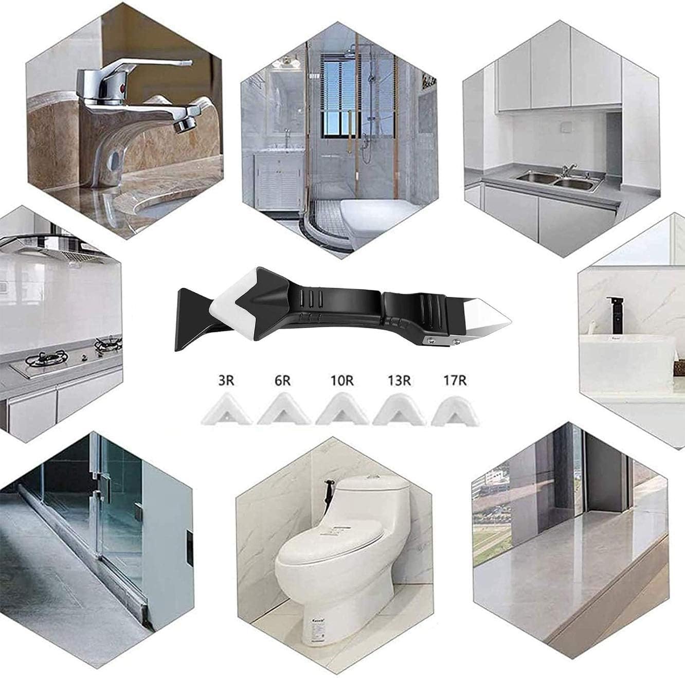 Caulking Tool 5 in 1 Caulk Remover and Multi-Function Silicone Sealant Finishing Kit with Grout Scraper and 6 Silicone Pads Ideal for Kitchen Bathroom and Window Sealing