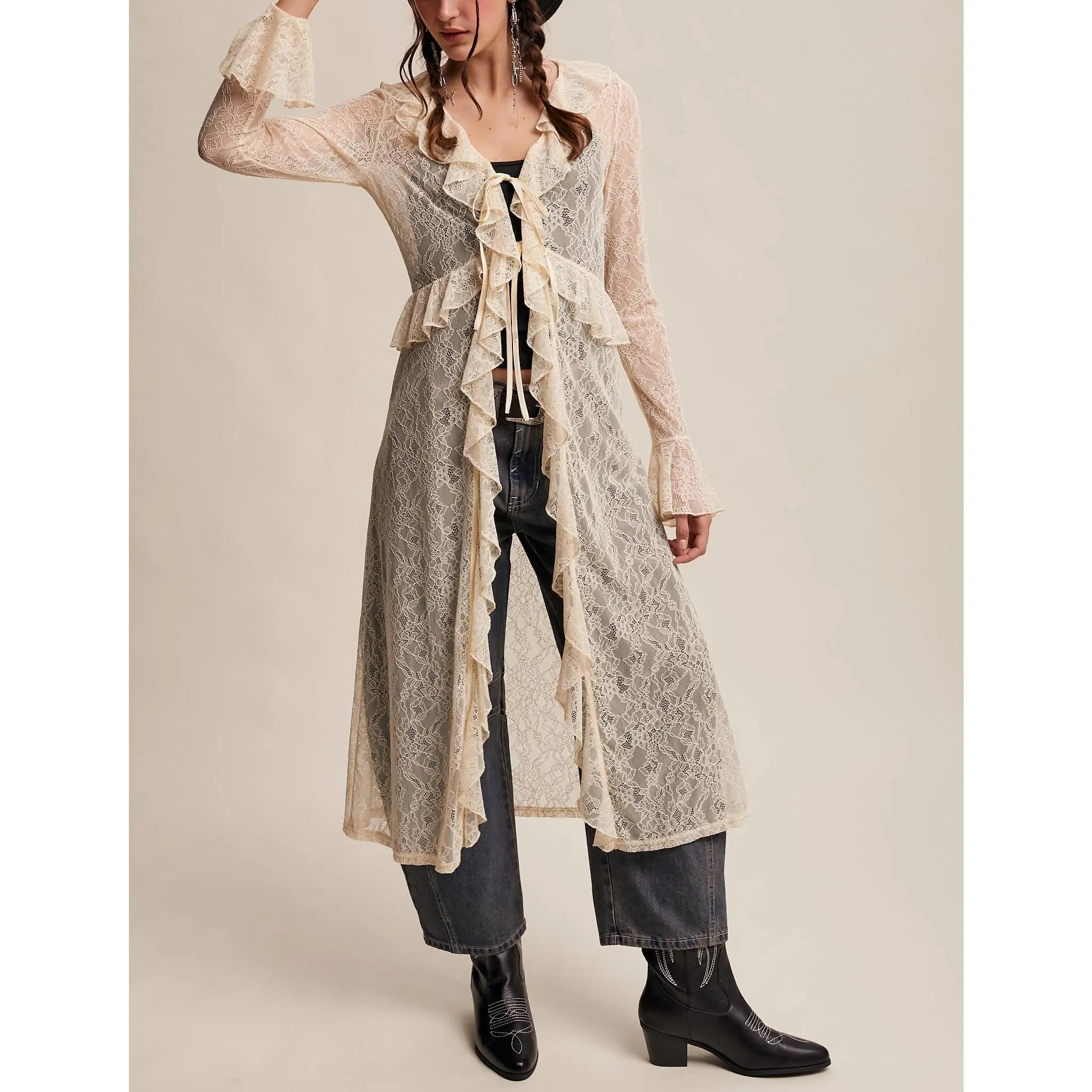 Women Tie Front Cardigan Casual Lightweight Floral Lace Ruffles Long Duster for Streetwear Aesthetic Clothes