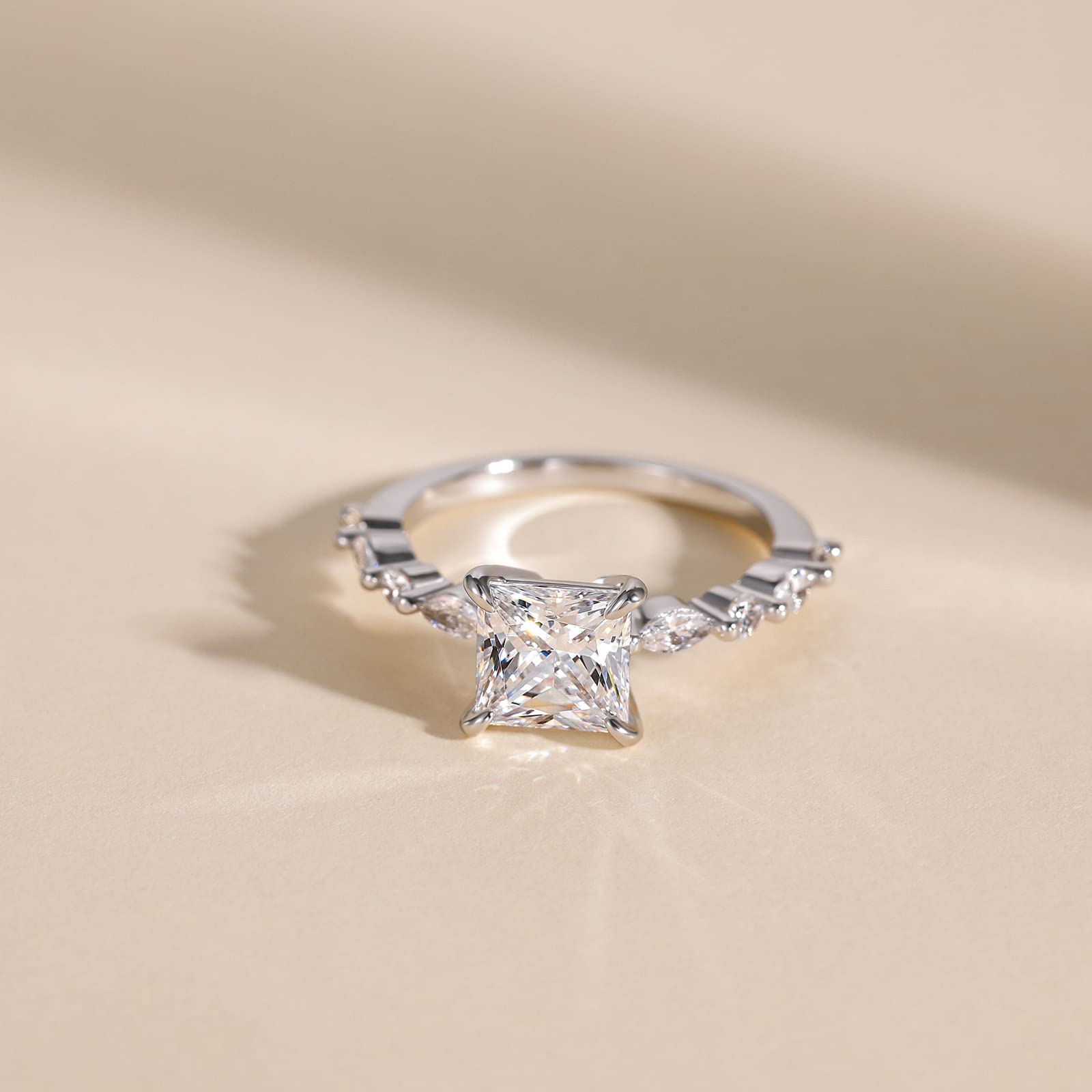 EAMTI 2CT 925 Sterling Silver Engagement Ring Cubic Zirconia Princess Cut Wedding Band For Women