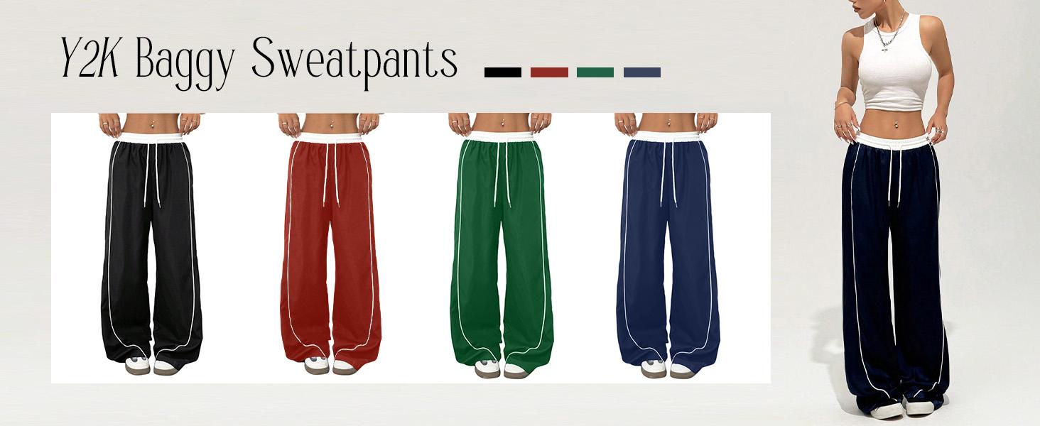 WoodBerry Women's Wide Leg Sweatpants Baggy Y2K Parachute Pants Slouchy Drawstring Belt Spring Summer Jogger Loose Track Pants with Pockets