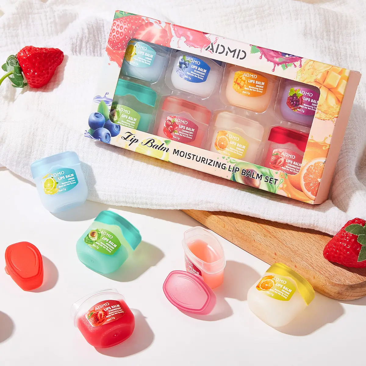 An 8-piece fruit-flavored lip balm set with mini lip balm, perfect for daily moisturizing and nighttime care, helping to soothe dry lips