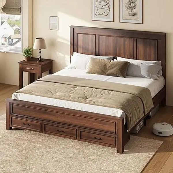 Amerlife Queen Sturdy Bed Frame - 52.2" Tall Rustic Chic Finish Farmhouse Headboard & Footboard, Wooden Platform Bed, 3 Large Storage Drawers, Noiseless, No Box Spring Needed, Freestanding, Durable, Fits Queen Mattress, Assembly Required, Rustic Headboard