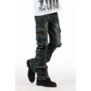 Cloudy Dark Blue Stacked Flare Jean