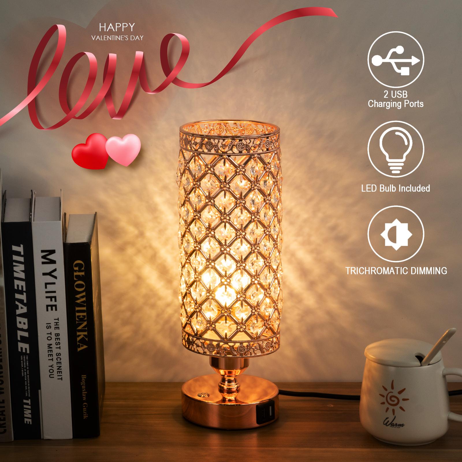 Yarra-Decor Crystal Bedside Black Table Lamp 3 Color Options Lamps for Bedroom Modern USB Nightstand Lamp with Black Chrome Crystal Shade Decorative Lamps for Living Room (LED Bulb Included) Lighting Christmas gifts Valentine's Day gifts