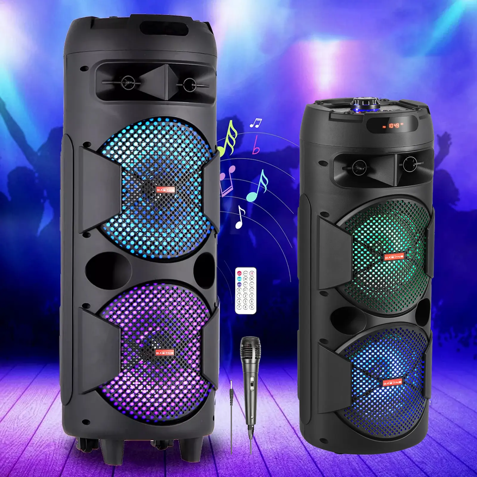 Dazone Rechargeable Bluetooth Karaoke Speaker with Double 8"/6" Subwoofers, 105dB Sound, Colorful LED Lights, Microphone, Remote Control, Heavy-Duty Top Handle, SD Device, Cable, FM, 5H Playtime, AC 100-240V 50/60Hz Fast Charging Portable Audio Speaker, 5