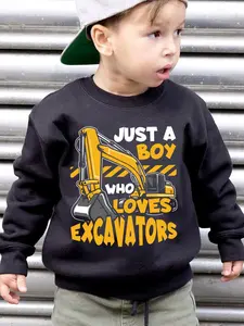Boys' Excavator Print Sweatshirt "JUST A BOY WHO LOVES EXCAVATORS" - Yellow Vehicle Lettering, Warm Winter Pullover for & Little Boys, Excavation-Themed Clothing Gift