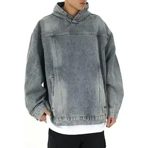 Men's Casual Pullover Denim Jacket Vintage Distressed Jean Hoodie Jacket Oversized Sweatshirt Tops