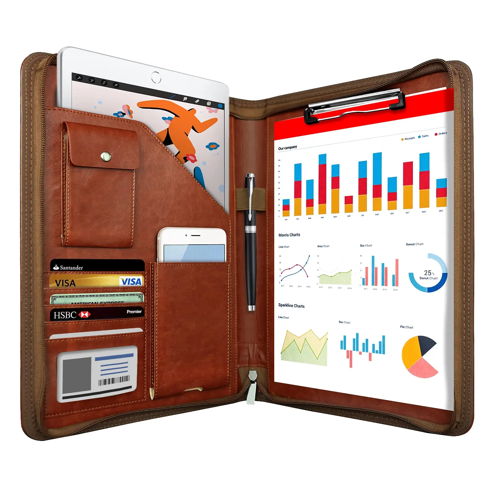 Zippered Padfolio Organizer,Leather Planner Binder, 10.2 Inch Portfolio Folder for Documents, Letter Size Business Card Holder for Men&Women (Brown)