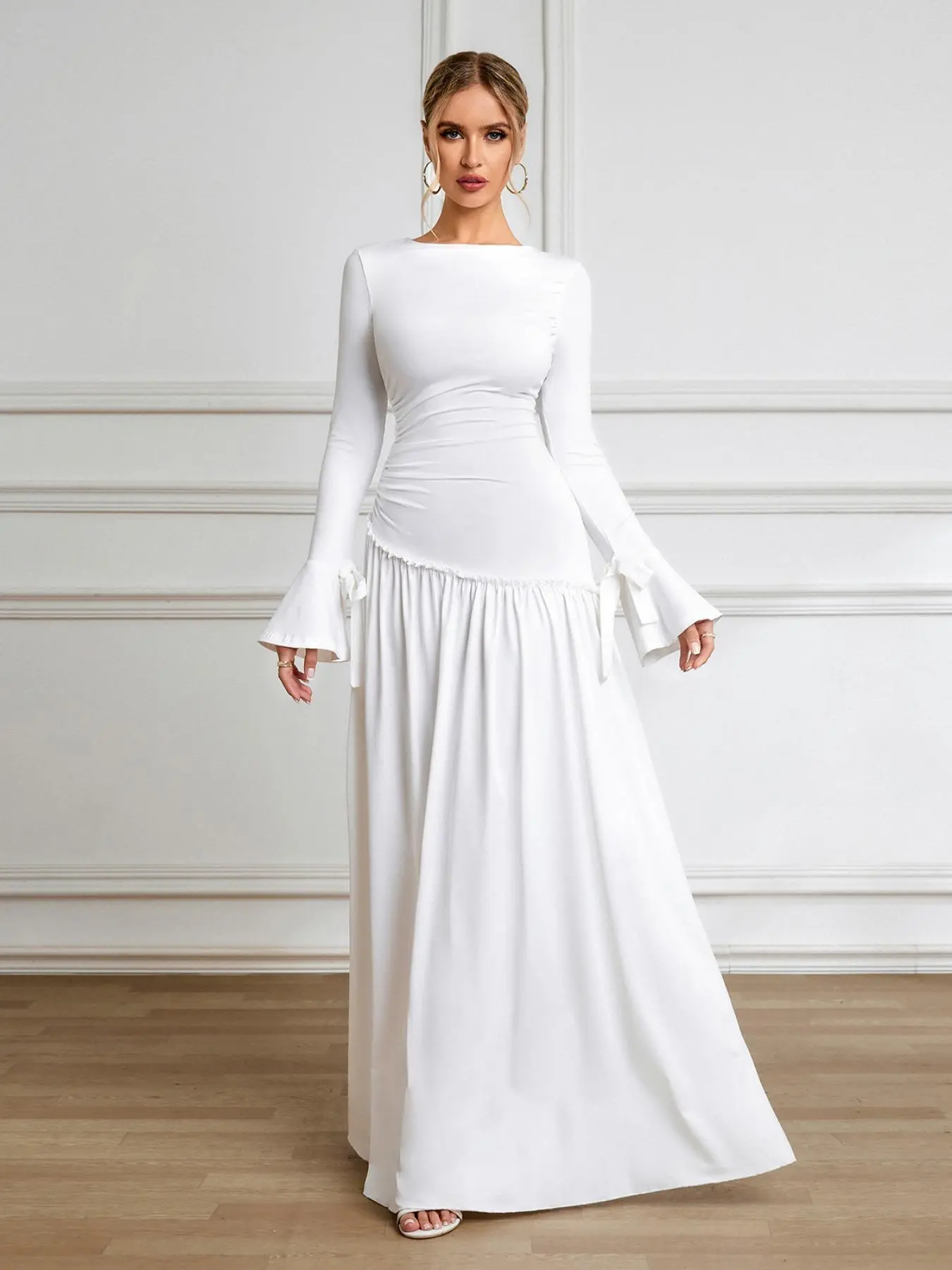 QFAF Women's Ruched Asymmetrical waist o-neck Pleated, Fitted Chic Elegant Dress, Flounce Flared Long Sleeve A Line Dress for Party Holiday Wedding Guest, Floor Length, Elastic Holiday Cocktail Dress Clothing Elegance