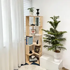 Solid Wood Corner Bookshelf, 3/4/5 Tier Pine Color Bookcase, No Formaldehyde Space-Saving Storage Organizer for Living Room Bedroom Office