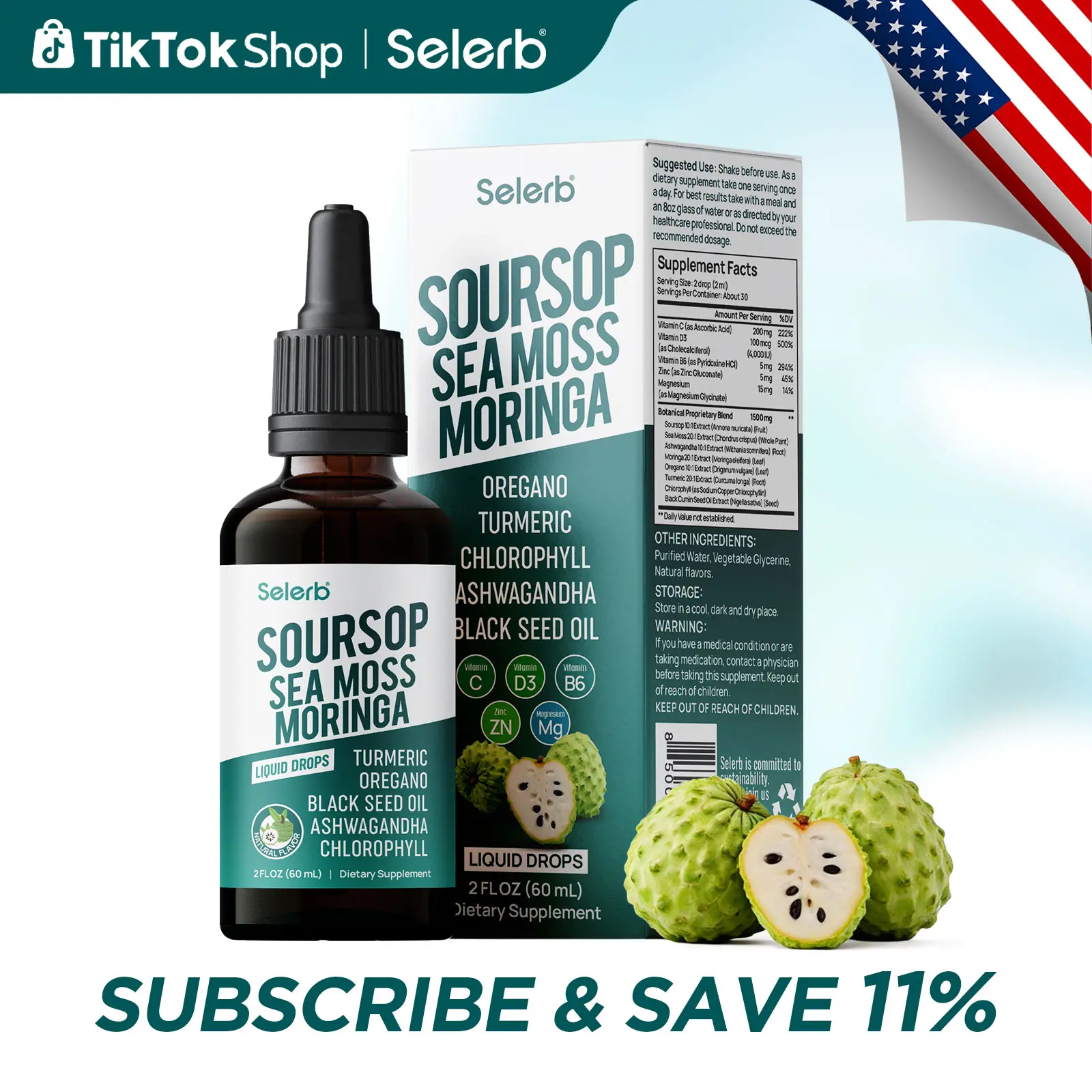 Selerb Soursop Chlorophyll Sea Moss Moringa Liquid Drops – 13-in-1 Herbal Blend with Botanical Extracts – Daily Wellness Support – Fast Absorption – 2oz