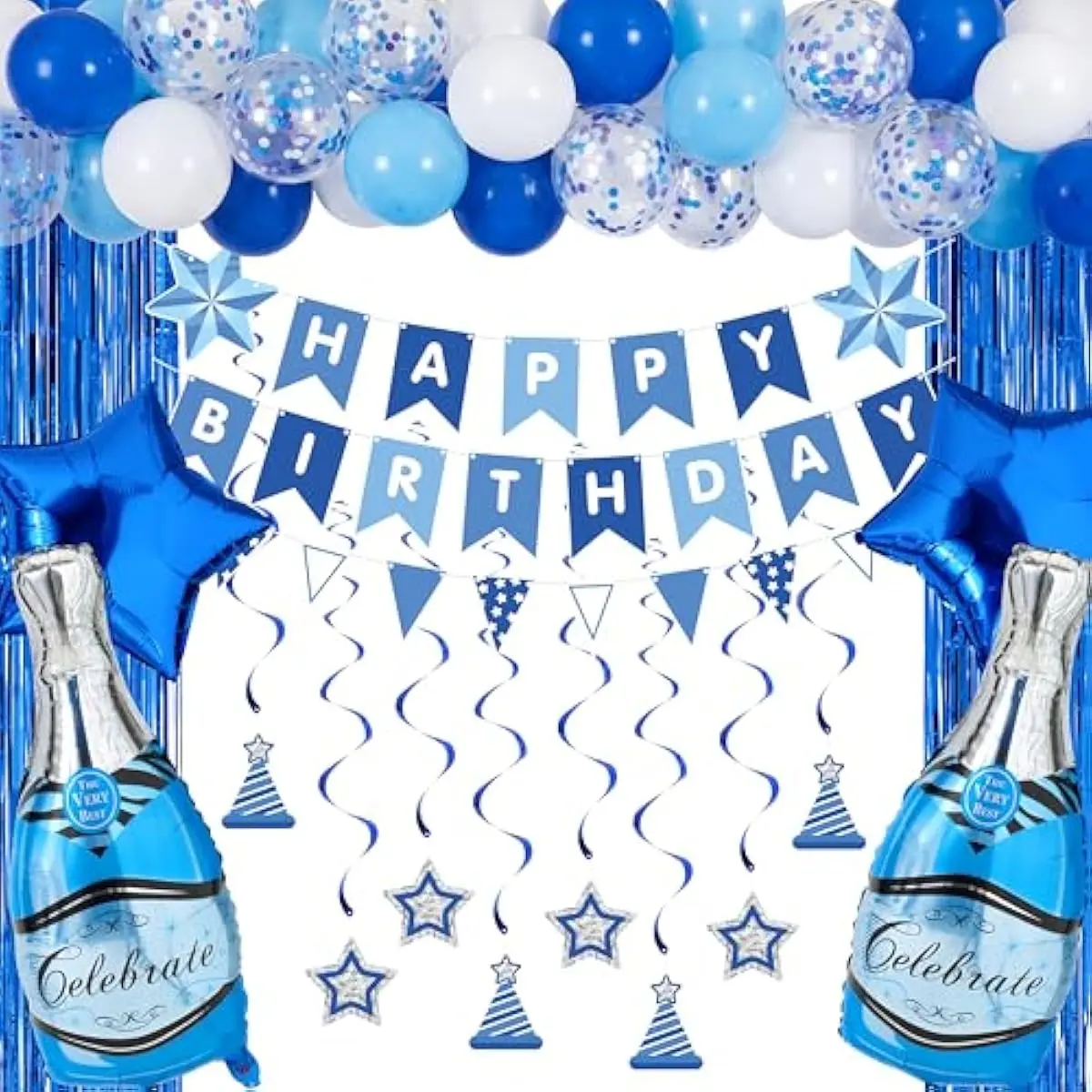 Navy Blue Birthday Party Decorations, 76PCS Blue Party Supplies with Banner, Foil & Latex Balloons, Spiral Swirls and Tinsel Curtains for Boys, Men, Prince, Kids Birthday Baby Shower