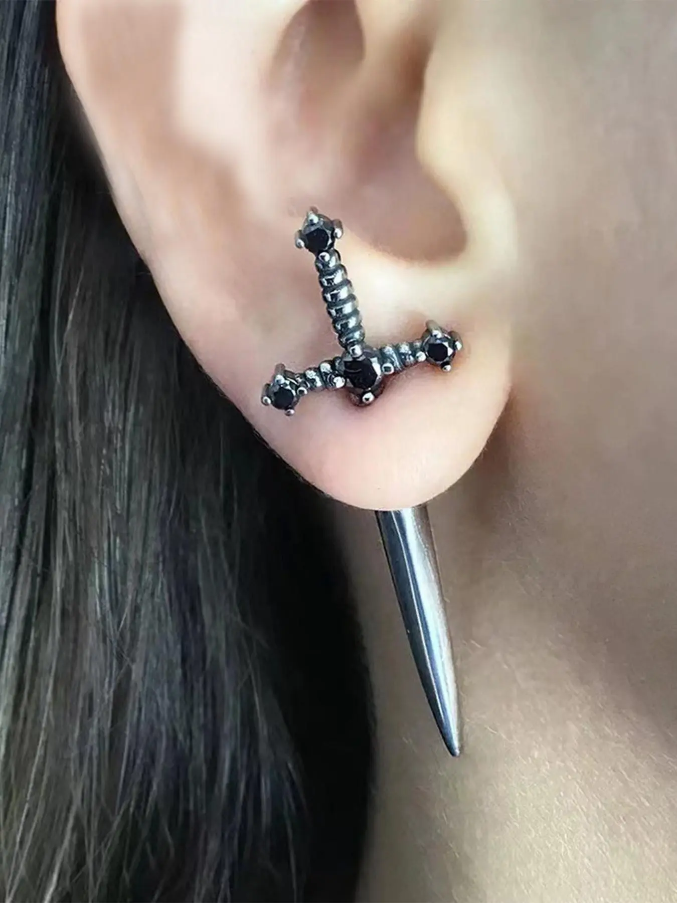 Punk Style Sword Design Artificial Gemstone Decor Dangle Earrings, Studded Cross Earrings, High Quality Earrings, Fashionable Jewelry for Women, Trendy All-match & Exquisite Jewelry for Birthday Gift, Funky Earrings