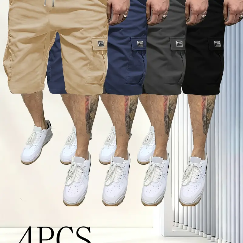 Men’s Lightweight Summer Cargo Shorts - Casual Sport Shorts, Polyester, Plain, Drawstring, Loose-Fitting Baggy, Multi-Compartment, Storage Pockets, Back Flap Pocket, Wrinkle-Free Durable Fabric; Note: Runs Small, Choose 1 Size Up