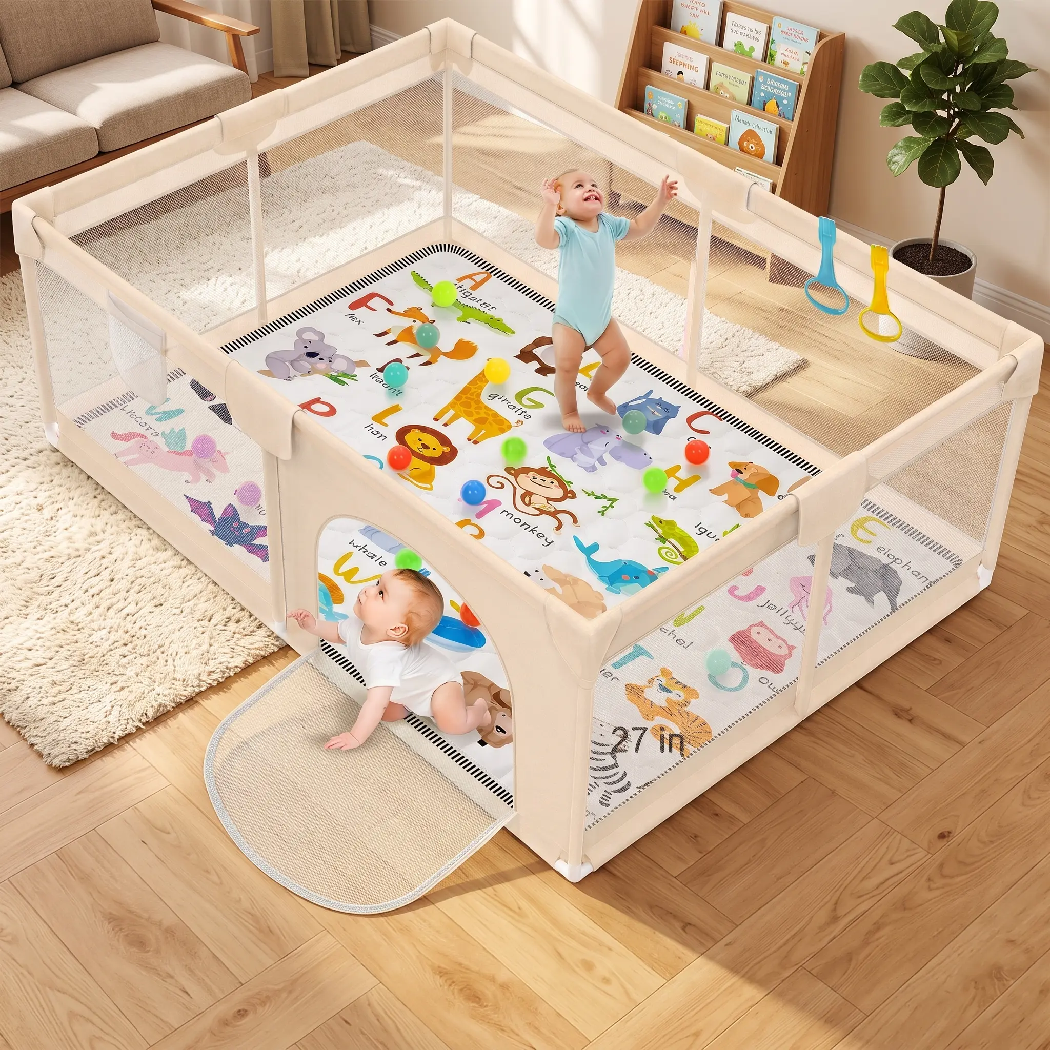 71x71 Inch Baby Playpen for Babies And Toddlers, Extra Large Play Yards for Indoor & Outdoor with Zipper Gates, Breathable Mesh with Anti-Slip Base, Multiple Sizes, Fits Different Space Requirements Gray/Beige