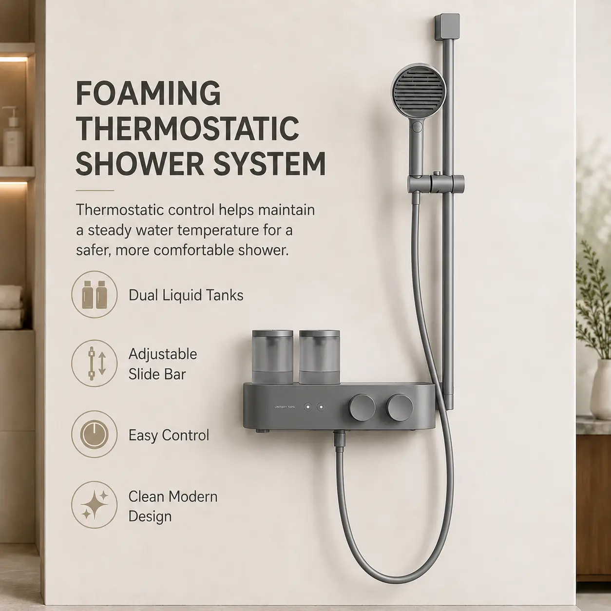 Foaming Thermostatic Shower System with Built-In Body Wash Dispensers, Turn Your Daily Shower Into a Spa Experience, Adjustable Foam Levels, Multi-Mode Handheld Shower Head & Height Adjustable Bar for Family Bathroom Upgrade