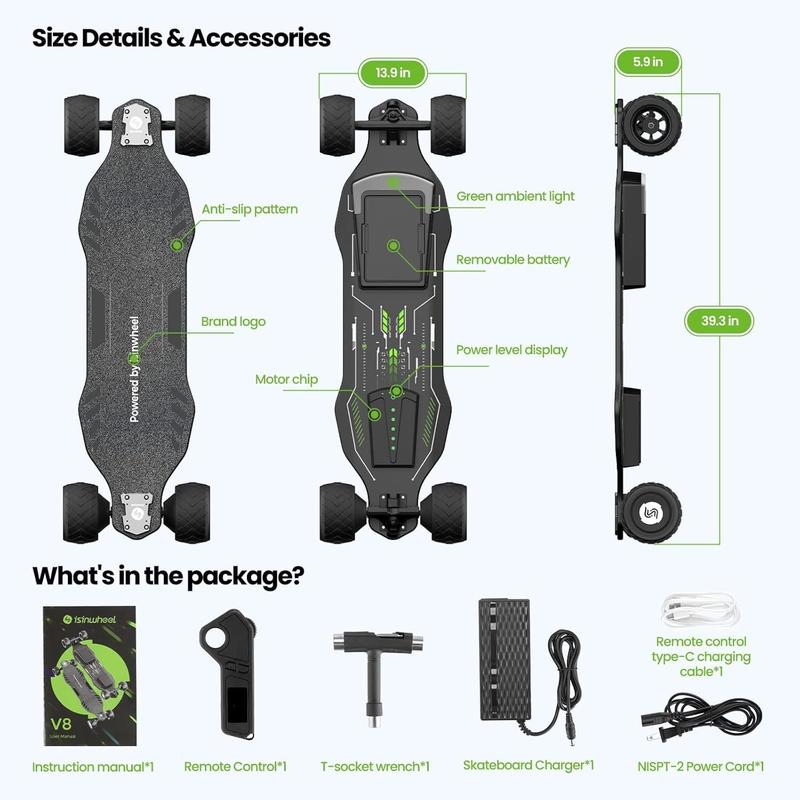 【Valentine's Day】High-Speed Electric Skateboard with Remote Control, 32MPH/30MPH/12MPH/9MPH Top Speed, 3000W/1200W/500W/450W Motor, Powerful Electric Longboard Skateboard to Scooter for Adults ＆Teens Removable Battery Quick Replacement