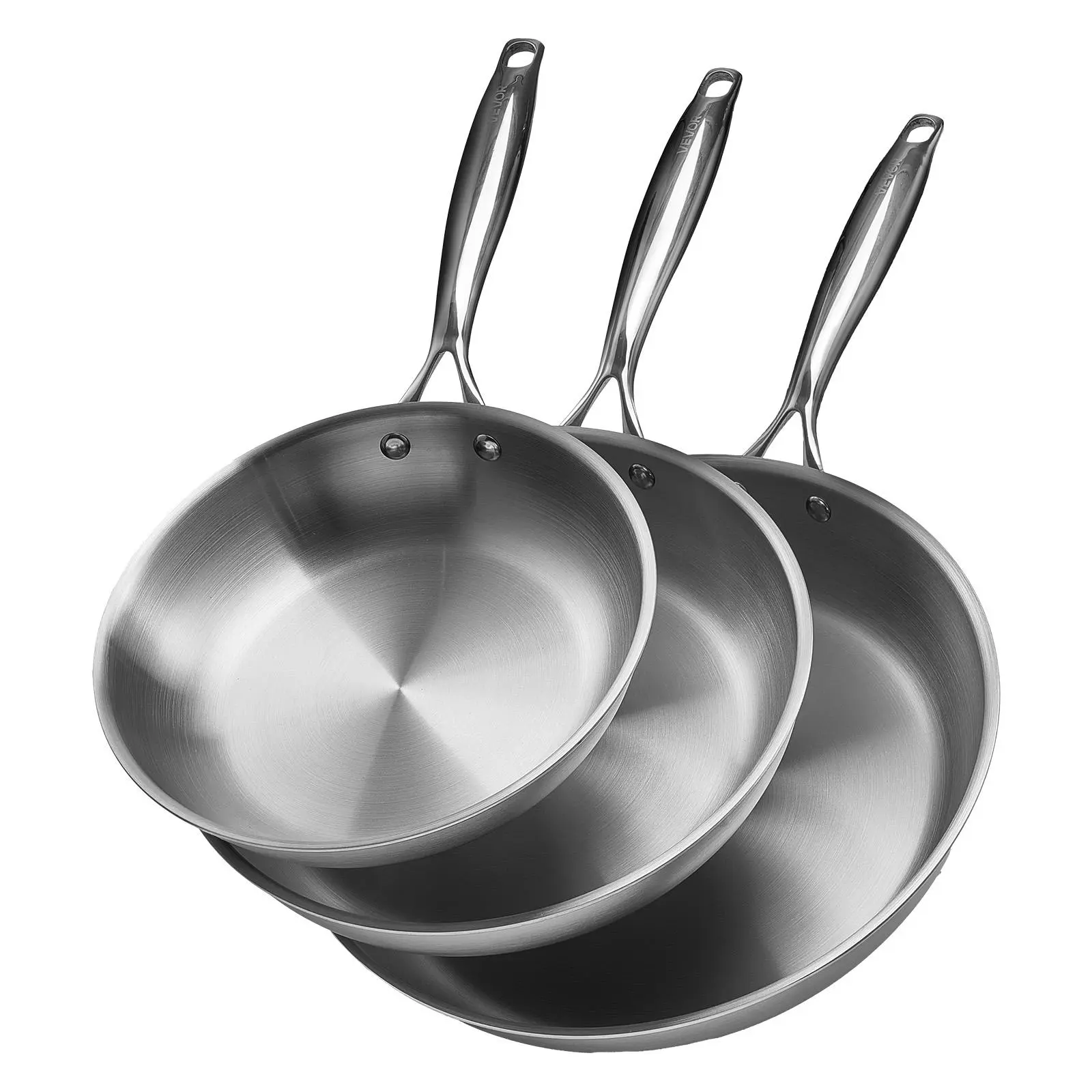 【Summerfinds】VEVOR Tri-Ply Stainless Steel Frying Pan,  , 3 Pcs Set (8, 10, 12 in), Cooking Skillet with Heat-Resistant Handle, Chef's Kitchen Cookware, Oven, Gas, Electric, Induction, Dishwasher Compatible, Silver