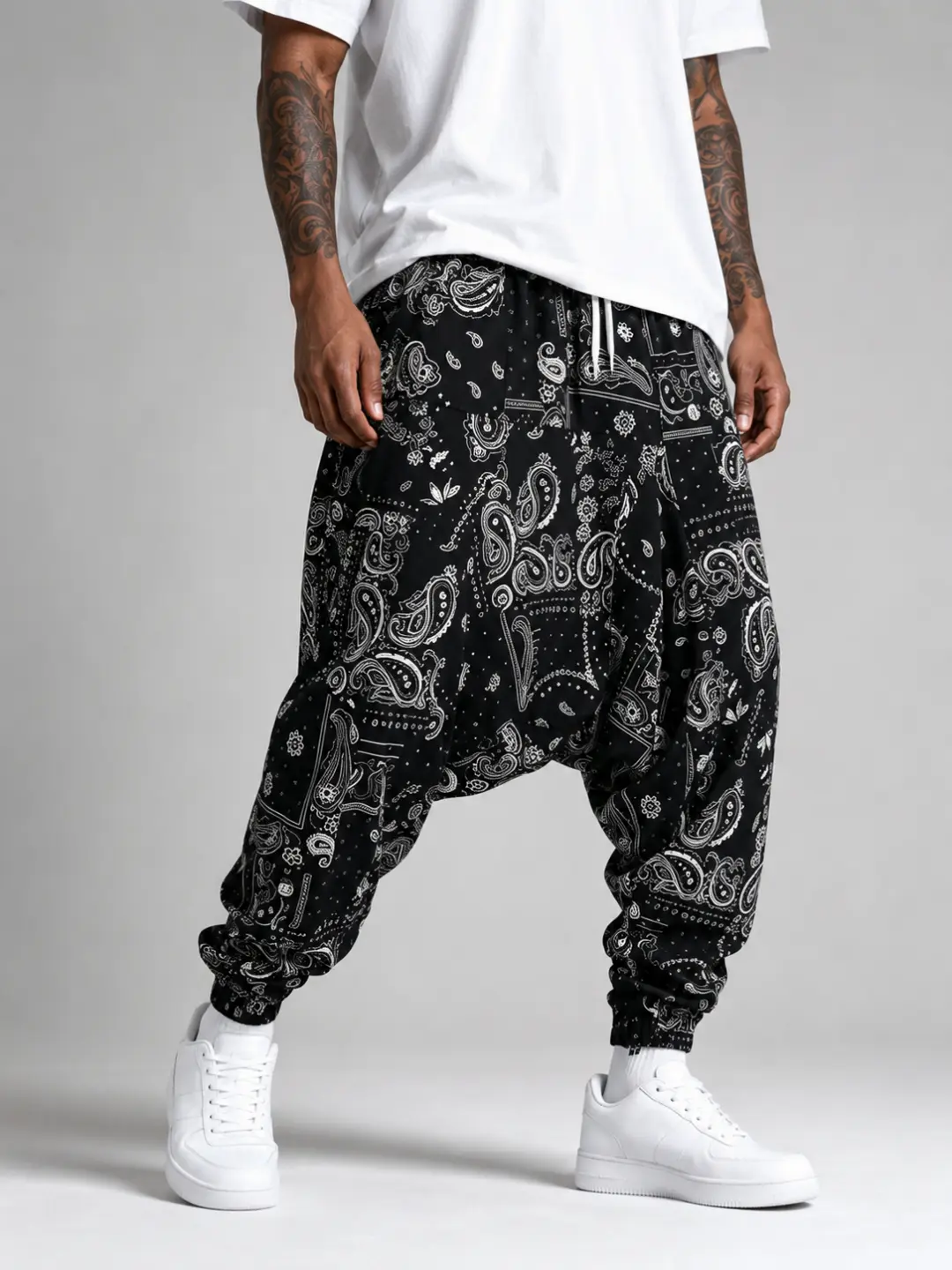 Men's Polyester Harem Pants, Oversized Drop Crotch Streetwear Trousers - Bandana Motif Casual Wear, Loose-Fit Hip Hop Pants for Festival & Rave