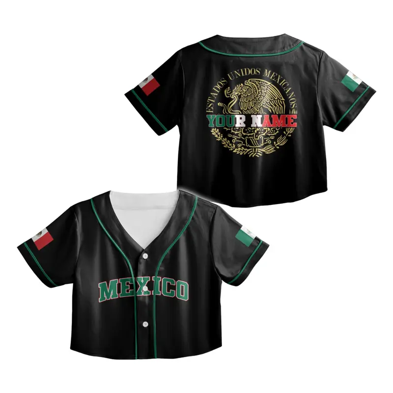 Mexico Flag Baseball Jersey Crop Top – Personalized Name & Number, Mexican Custom Jersey for Women Game Day Outfit