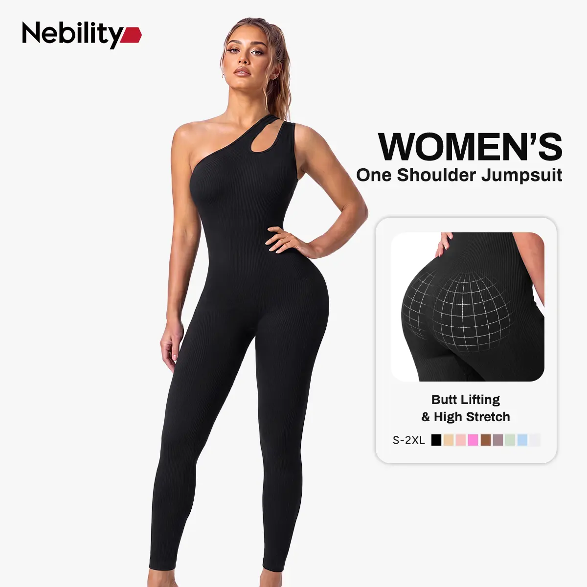 Nebility Women's Workout Seamless Yoga Ribbed Bodycon Jumpsuit Cut Out Asymmetric One Piece Leg Lengthening Tank Top Leggings Romper Stylish Activewear Stretchable All Season Solid Color Sports Jumpsuit