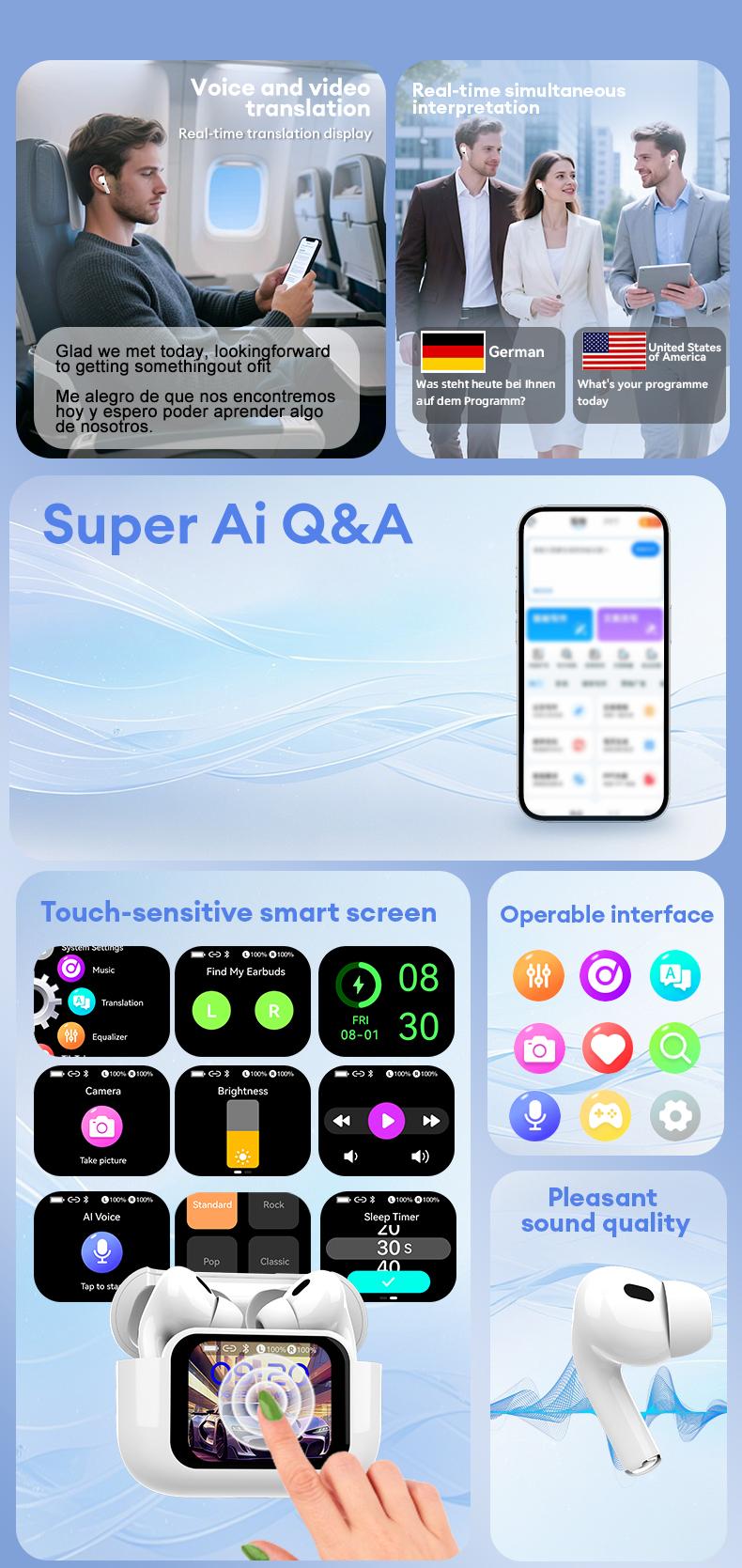 MGALL Y49 Multifunctional Wireless Headphones Supports 169 Language Translation, with 2025 Bluetooth 6.0, Colorful LCD Smart Touch Screen, Personalized Screensaver, Hi-Fi Sound, IPX5 Waterproof, Ideal for Office, Study, Sport & Calls