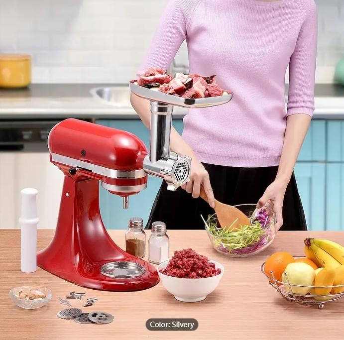 Metal Food Grinder Attachments For KitchenAid Stand Mixers, Meat Grinder, Sausage Stuffer, Perfect Attachment For KitchenAid Mixers, Silver (Machine/Mixer Not Included)