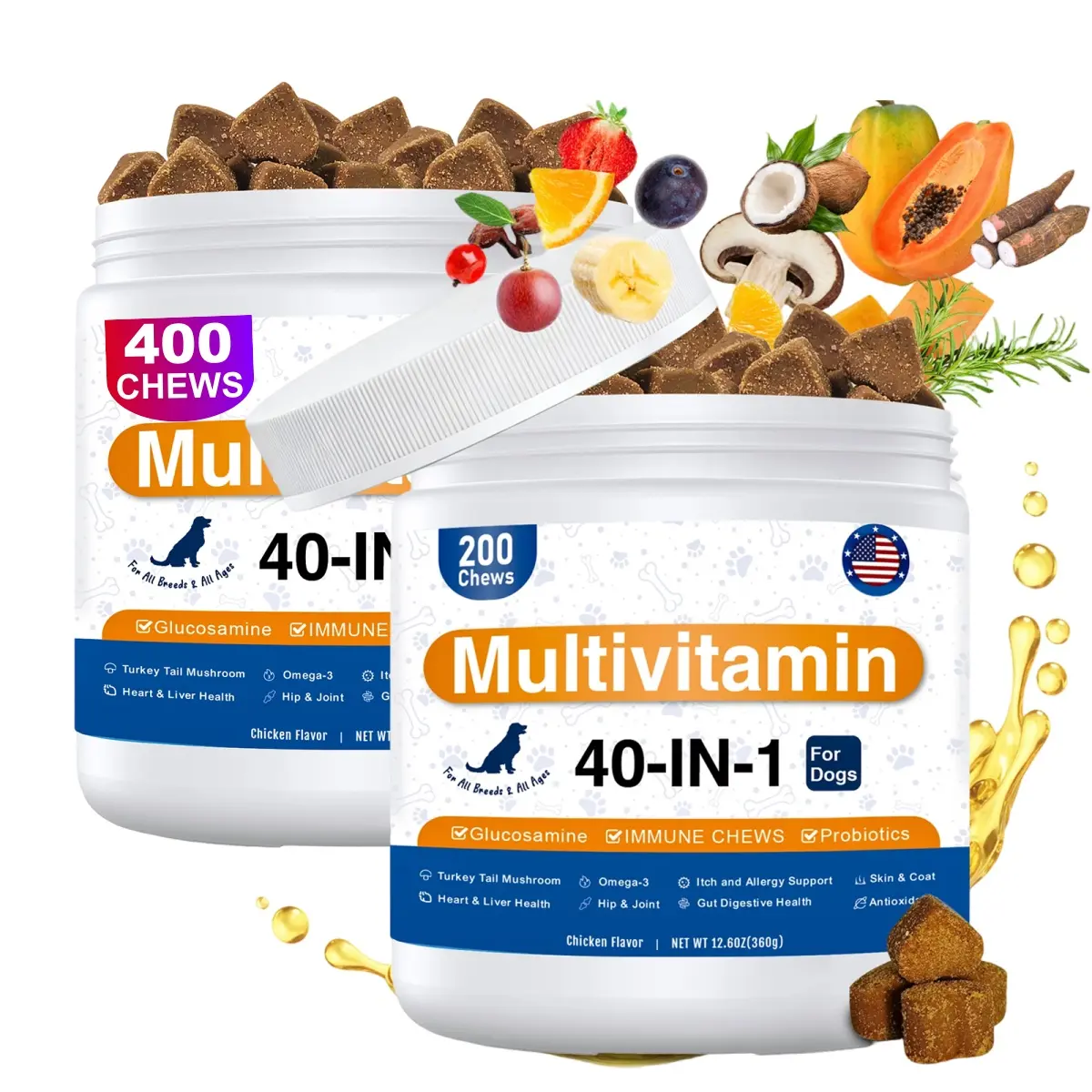 40-in-1 Vitamins Chews for Dogs Bundle | 2 Pack Soft Chews with Glucosamine MSM, Probiotics & Digestive Enzymes for Hip & Joint, Gut, Skin & Coat, Immune Support - All Breeds, Chicken Flavor