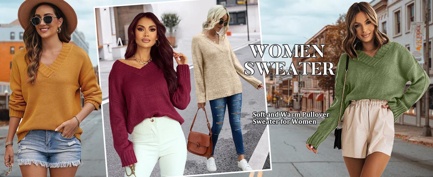 Danedvi Womens Loose Sweaters Sexy V Neck Long Sleeve Solid Knitted Jumper Pullover Sweatshirt Tops Casual Fuzzy Knitwear