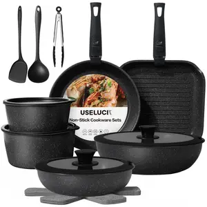 USELUCK 20 Pcs Detachable Handle Non-Stick Cookware Set with Stackable Pots and Pans, Oven Safe, Healthy RV Set with Frying Induction Lids Kitchenware
