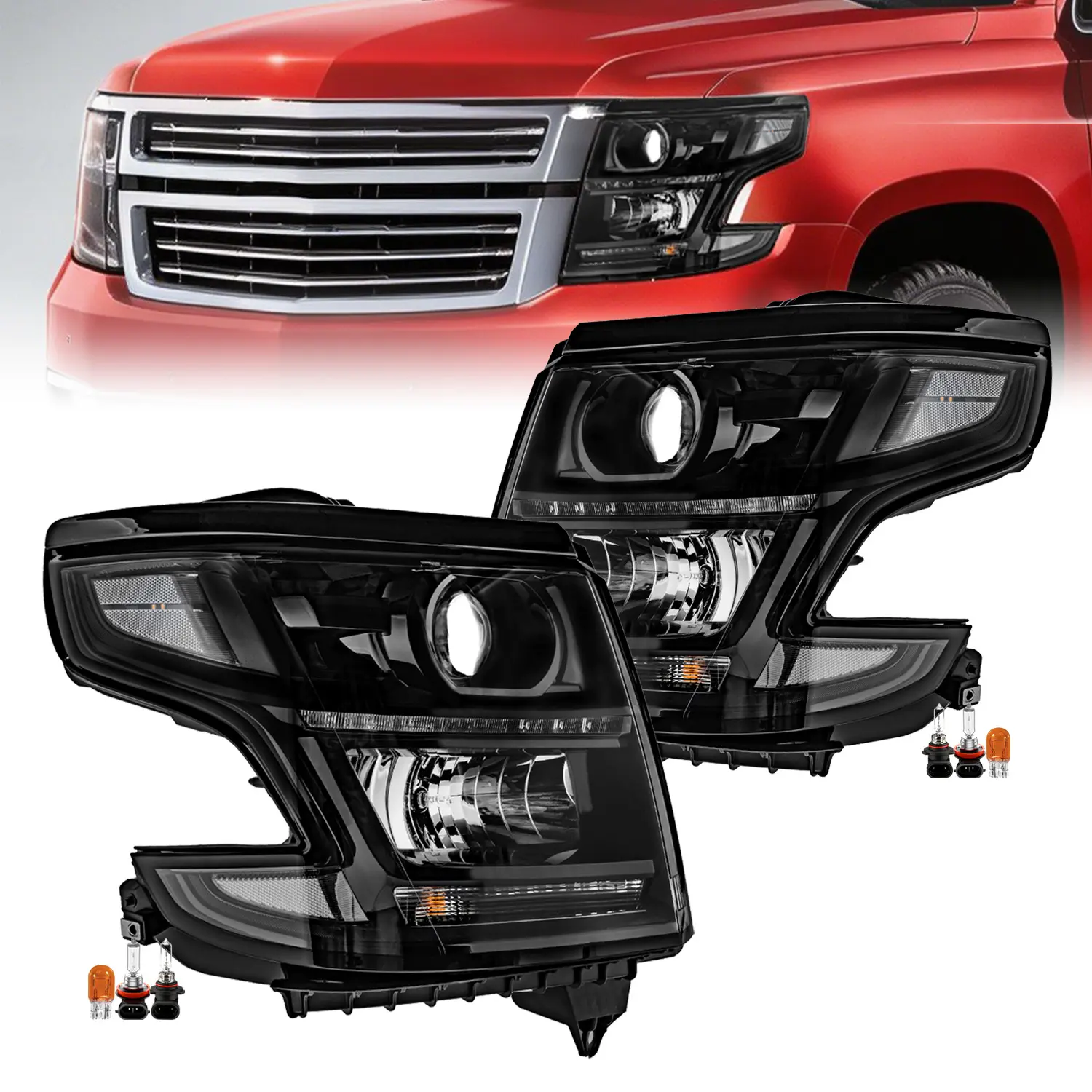 HID Headlight Assembly Pair for 2015-2020 Chevy Tahoe/Suburban, OEM Same Plug-N-Play Polycarbonate High-Impact Housing, LED DRL, Xenon Bulbs, #GM2502406, #GM2503406, Enhances Night Drive Safety & Durability