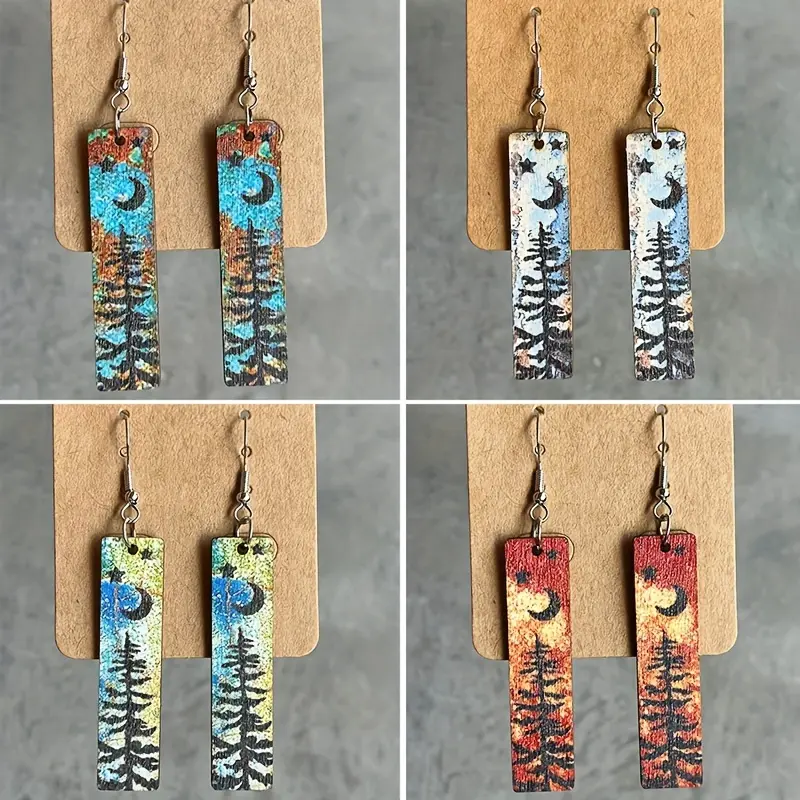 Female Vintage Wooden Drop Earring Stacking Set - 4-Pairs Costume Jewelry with Western Geometric, Star, Moon, Pine Tree Designs for Casual Wear