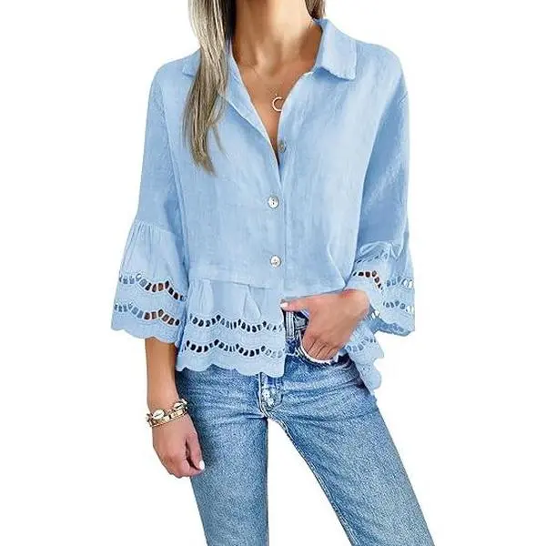 Cicy Bell Womens 3/4 Bell Sleeve Button Down Shirts Casual Ruffle Hem Tops Eyelet Blouse Cicy Bell Womens 3/4 Bell Sleeve Button Down Shirts Casual Ruffle Hem Tops Eyelet Blouse