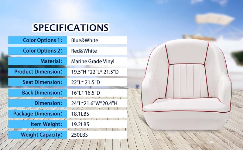 GARVEE Pontoon Boat Seats: Comfortable Captain's Bucket Design with Back Folding Feature, Stylish White & Red or White & Blue Options for an Enhanced Boat Cabin Seating Experience.
