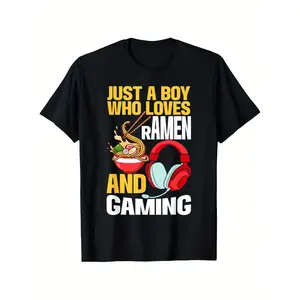 Just A Boy Who Loves Ramen And Gaming Japan Anime Video Game T-Shirt Fashion Trend Men's Pure Cotton Round Neck T-shirt Creative Cool Color Pattern Printing 180g Fabric weight Regular Size S-XXXL Cute Eating Ramen Cartoon, All-Season, Family T-shirt