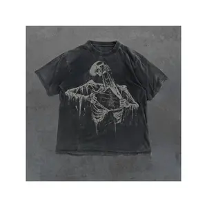 Men's Vintage Skeleton Graphic T-Shirt - Black Cotton 90s Skull Tee, Loose Fit, Short Sleeve, Crew Neck, Casual Gothic Style, Machine Washable, Casual Wear | 90S Style Shirt | Durable Cotton Tee