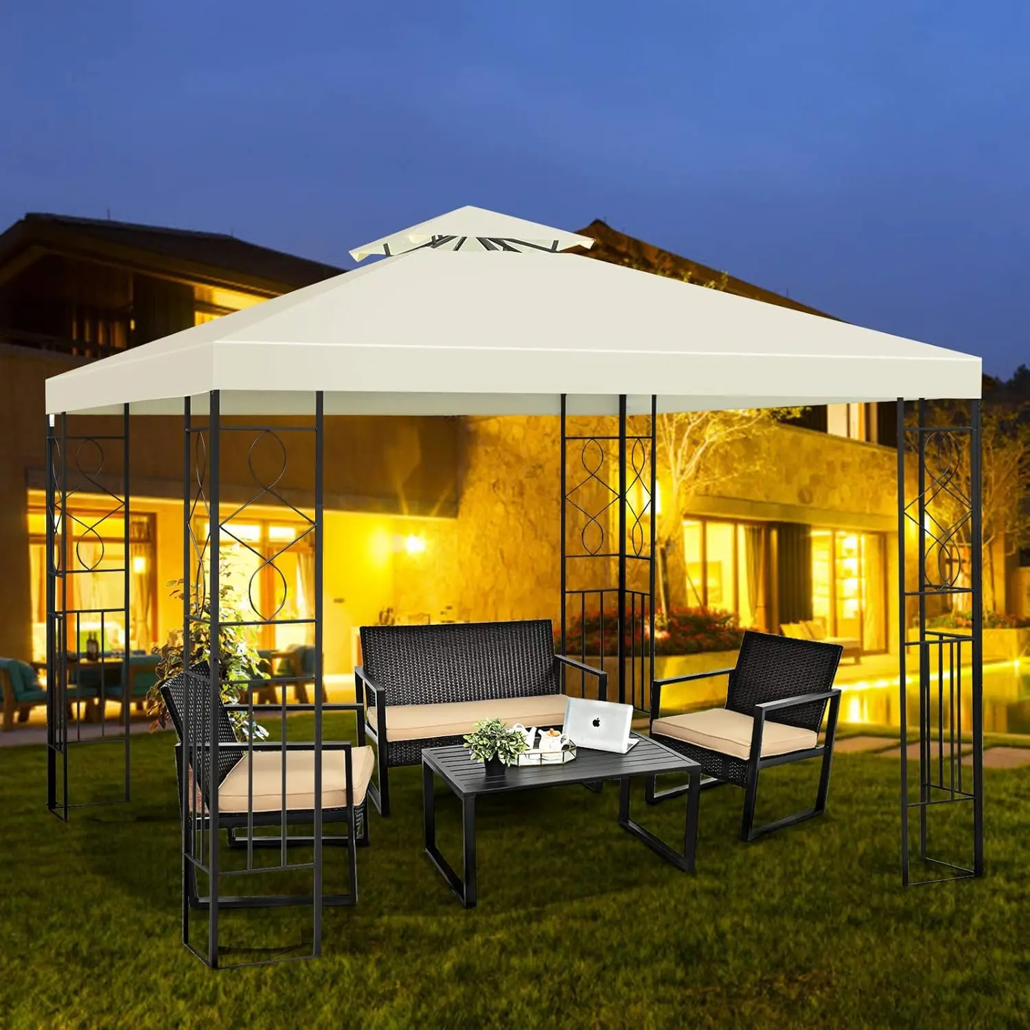 Vallmore 10x10 ft 2-Tier Patio Gazebo, Open-Air Canopy with Vented Double Roof, Drain Holes, Decorative Powder-Coated Steel Frame & Ground Stakes for Patio, Backyard, Garden