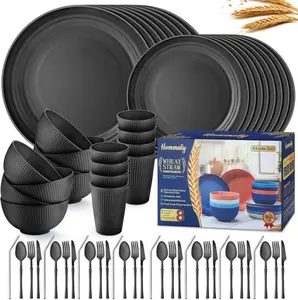 64 PCS Wheat Straw Dinnerware Set – Unbreakable Plates, Bowls, Cups & Utensils Set, Reusable BPA-Free Kitchen Dish Set, Microwave & Dishwasher Safe