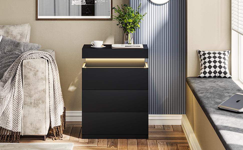 Sikaic Nightstand With Sliding Top Charging Station And LED Lights Furniture Bedroom Modern Design Bedside Table Drawer Home