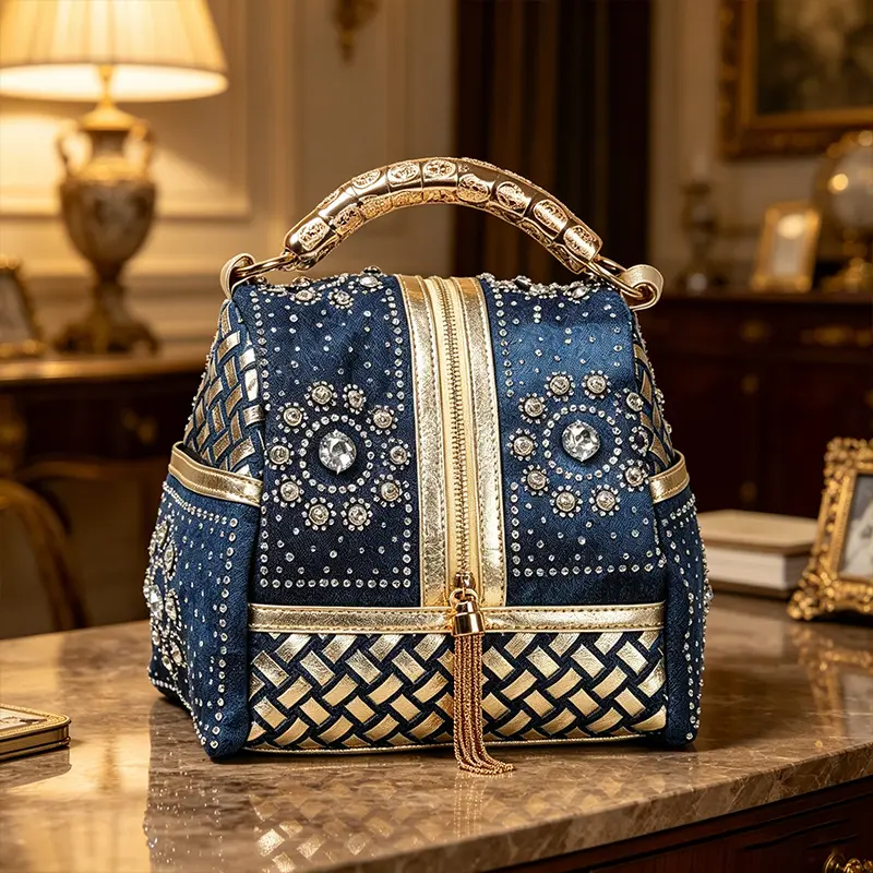 New women’s woven bucket bag with decorative tassels; denim woven small bag with diamond inlay, handheld, single-shoulder, and crossbody straps, featuring a detachable shoulder strap with buckle; multifunctional bag suitable for leisure, parties, etc.