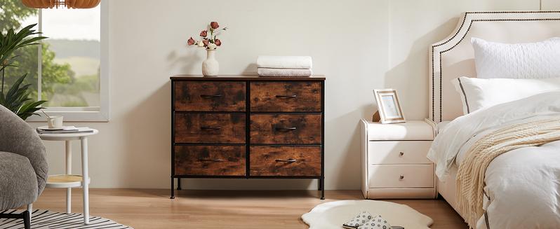 【Deal】Drawer Dresser Organizer Storage Drawers Fabric Dresser with 6 Drawers, Chest of Drawers with Fabric Bins, Long Dresser with Wood Top for Bedroom