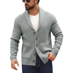 Runcati Mens Shawl Collar Cardigan Sweater Button Down Ribbed Knit Sweaters Chunky Casual Cardigan with Pockets