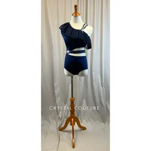 Custom Navy Asymetric Leotard with Cutouts- Rhinestones